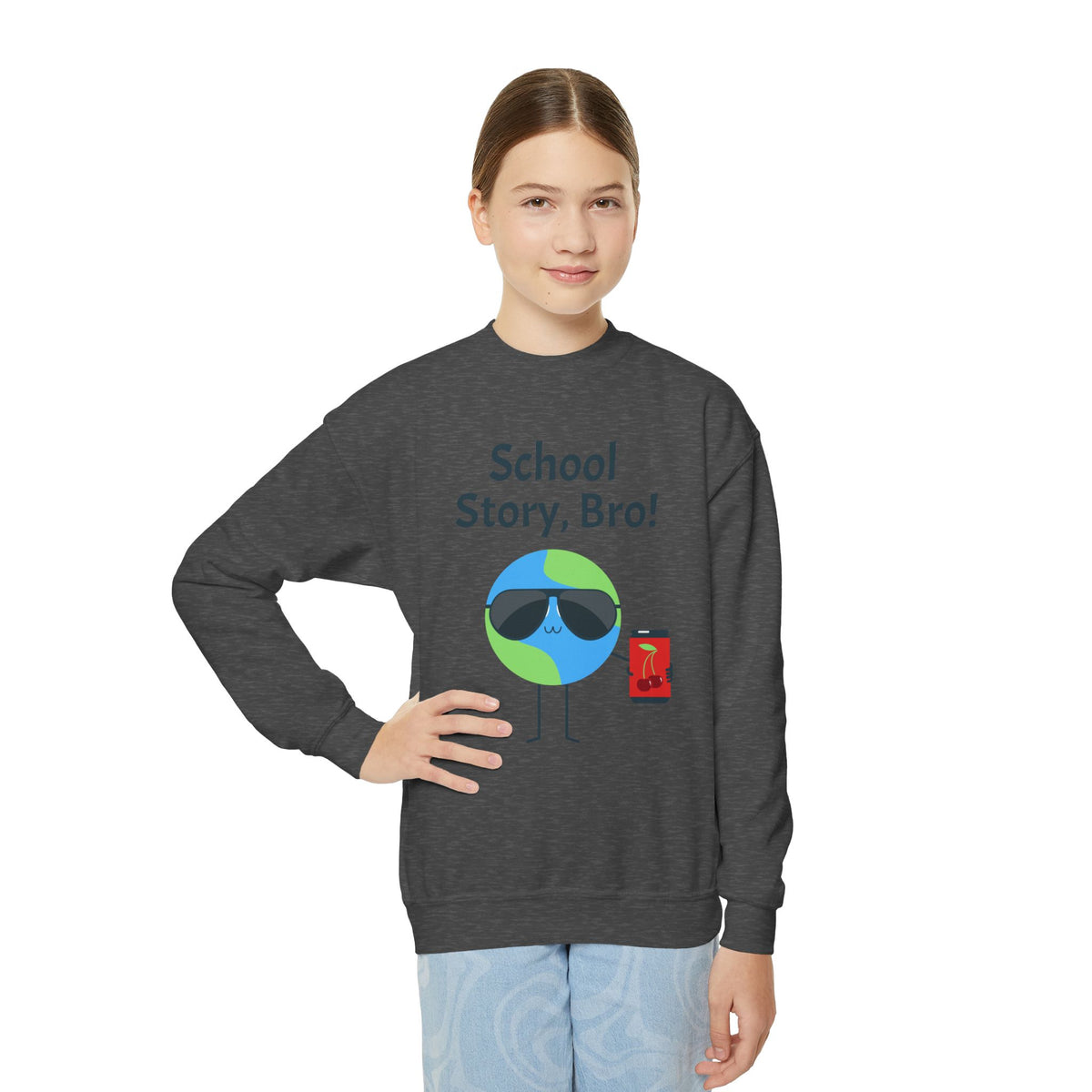 Youth Crewneck Sweatshirt — "School Story, Bro!" Earth Character with Soda | Slate & Social Back