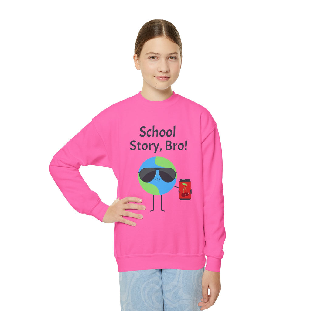 Youth Crewneck Sweatshirt — "School Story, Bro!" Earth Character with Soda | Slate & Social Back