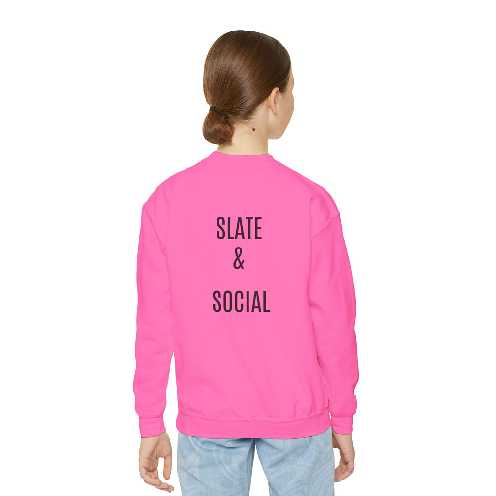 Youth Crewneck Sweatshirt — "School Story, Bro!" Earth Character with Soda | Slate & Social Back