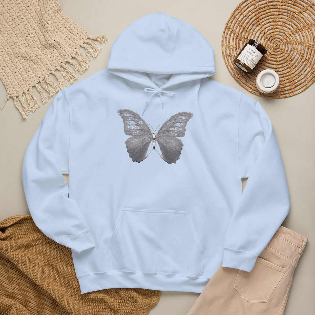 Butterfly Graphic Hoodie — 'Slate & Social' Minimalist White Pullover
