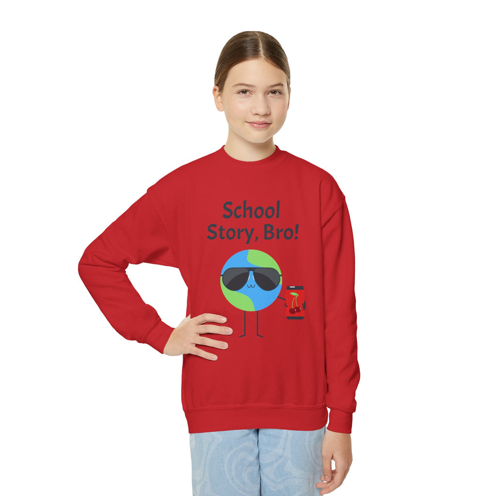 Youth Crewneck Sweatshirt — "School Story, Bro!" Earth Character with Soda | Slate & Social Back