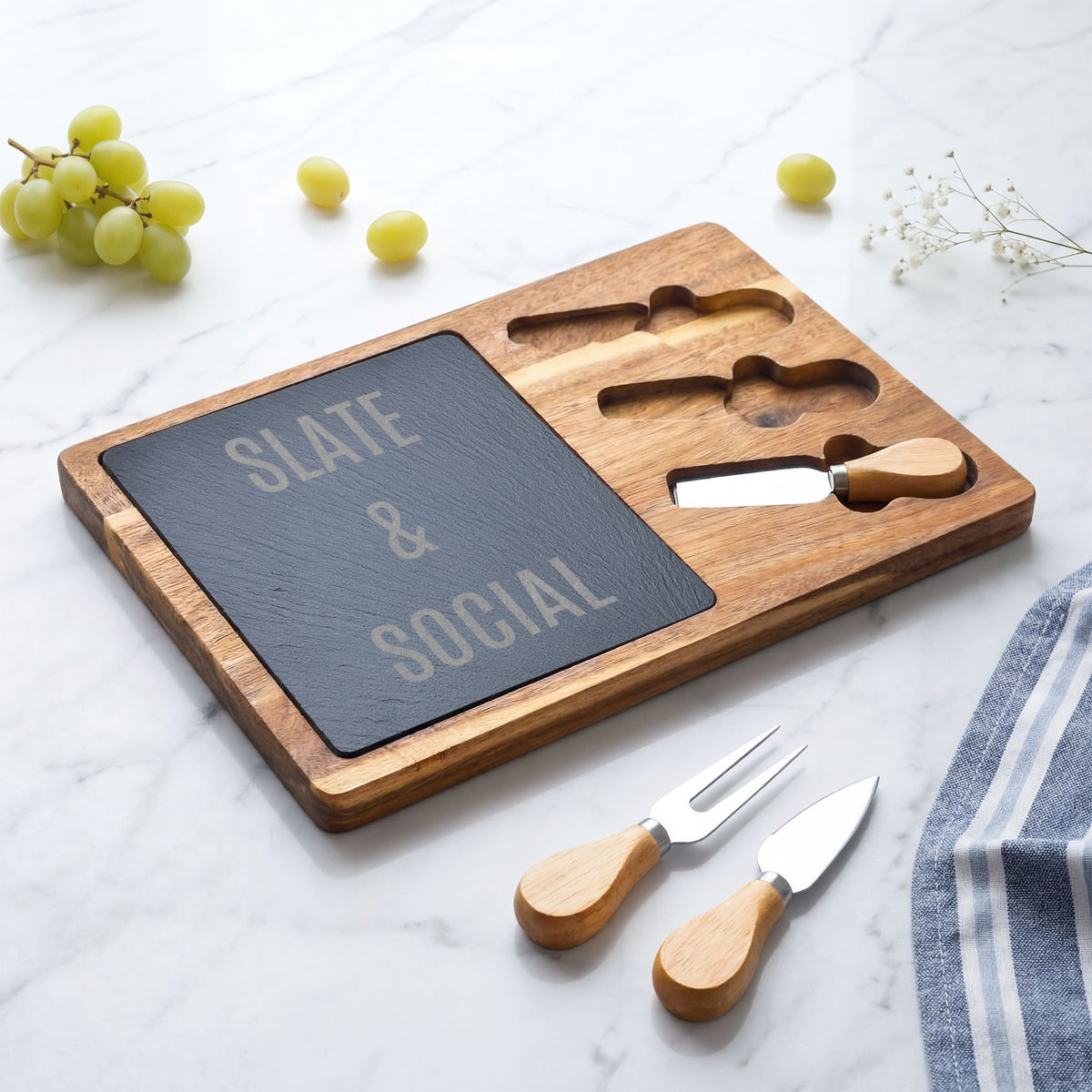 Slate & Social Engraved Charcuterie Board with Cheese Tools