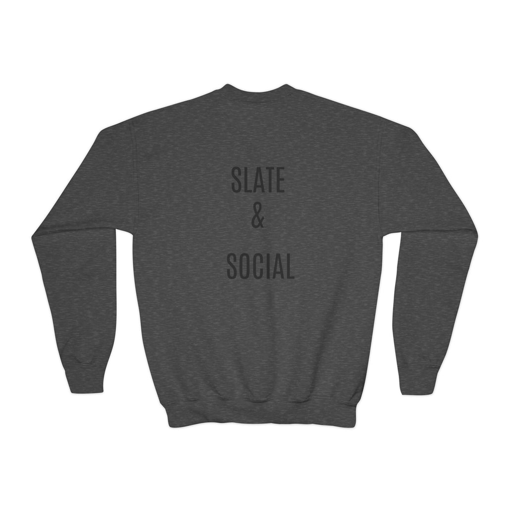 Youth Crewneck Sweatshirt — "School Story, Bro!" Earth Character with Soda | Slate & Social Back