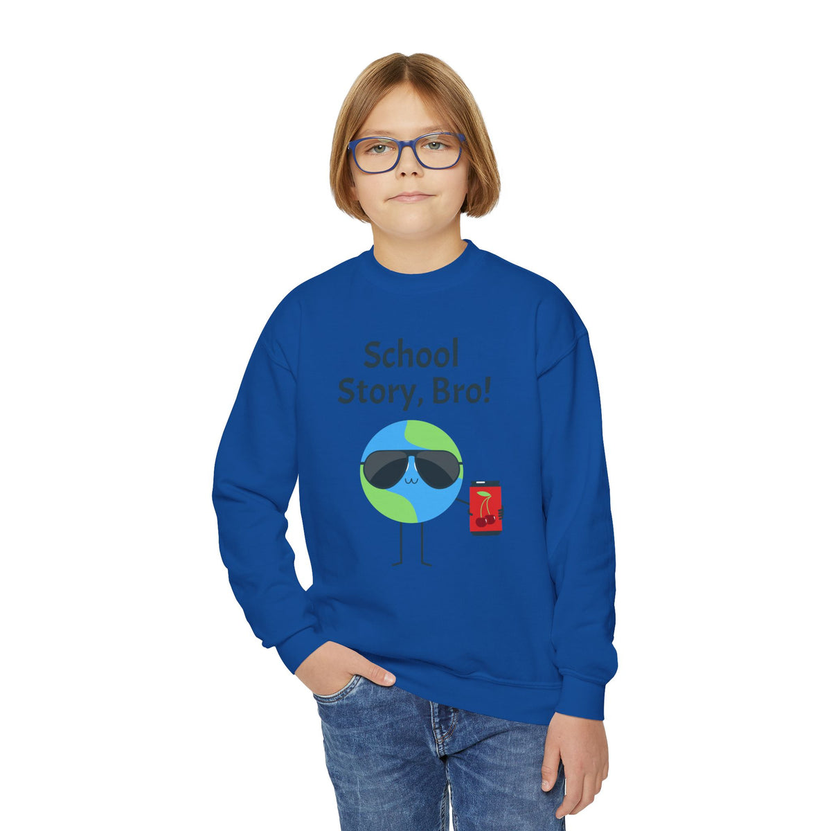 Youth Crewneck Sweatshirt — "School Story, Bro!" Earth Character with Soda | Slate & Social Back