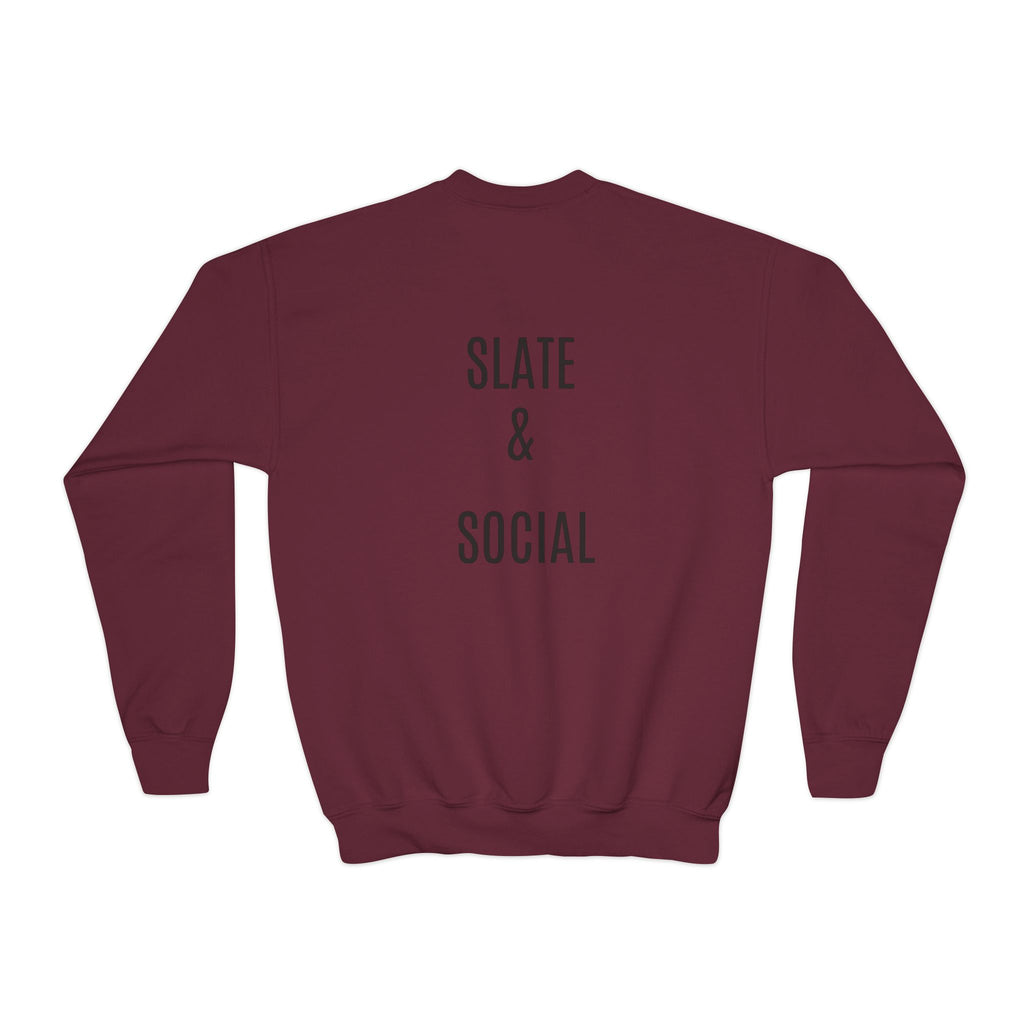 Youth Crewneck Sweatshirt — "School Story, Bro!" Earth Character with Soda | Slate & Social Back