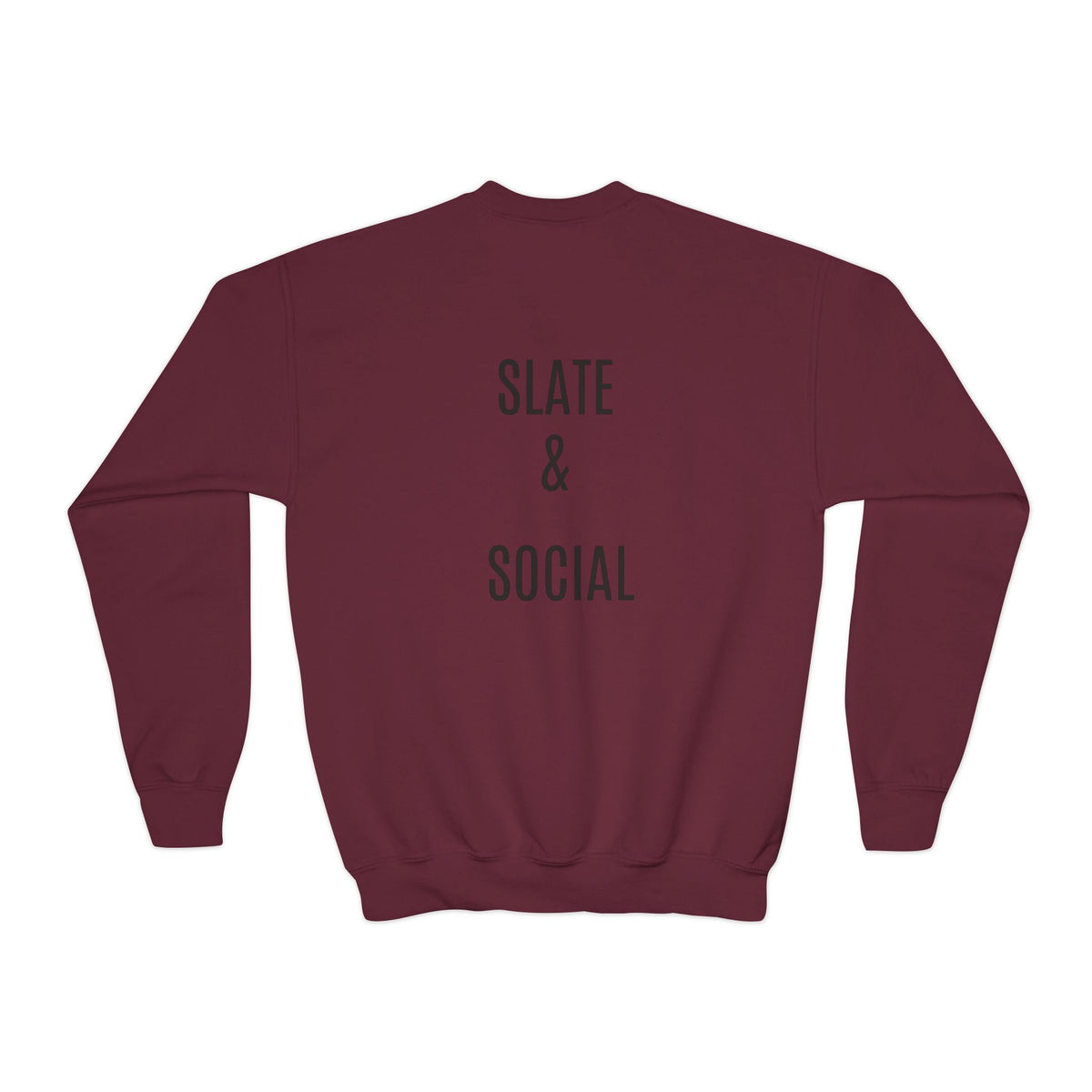 Youth Crewneck Sweatshirt — "School Story, Bro!" Earth Character with Soda | Slate & Social Back