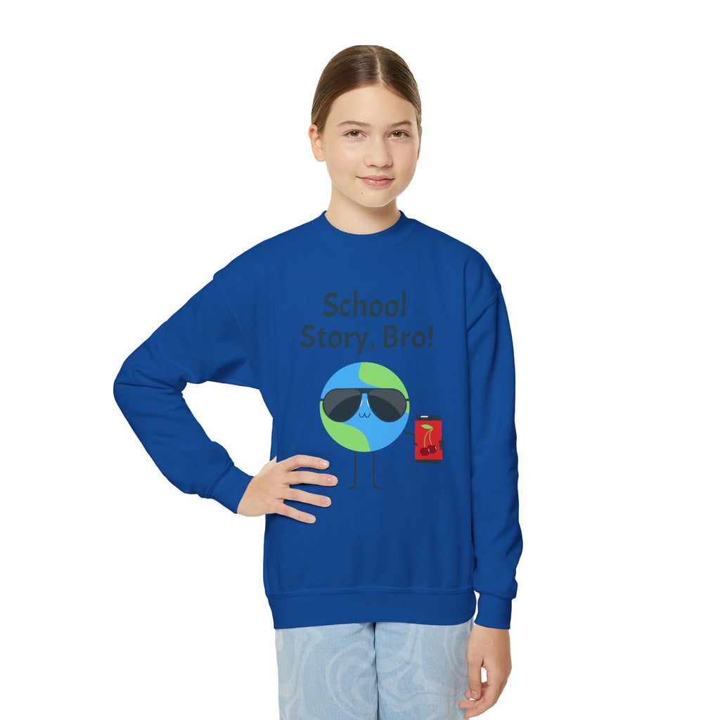 Youth Crewneck Sweatshirt — "School Story, Bro!" Earth Character with Soda | Slate & Social Back