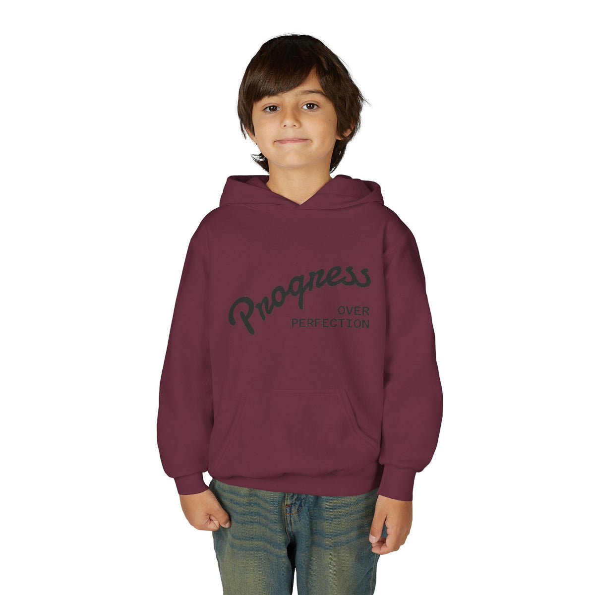 Youth Hoodie — "Progress Over Perfection" Motivational Pullover