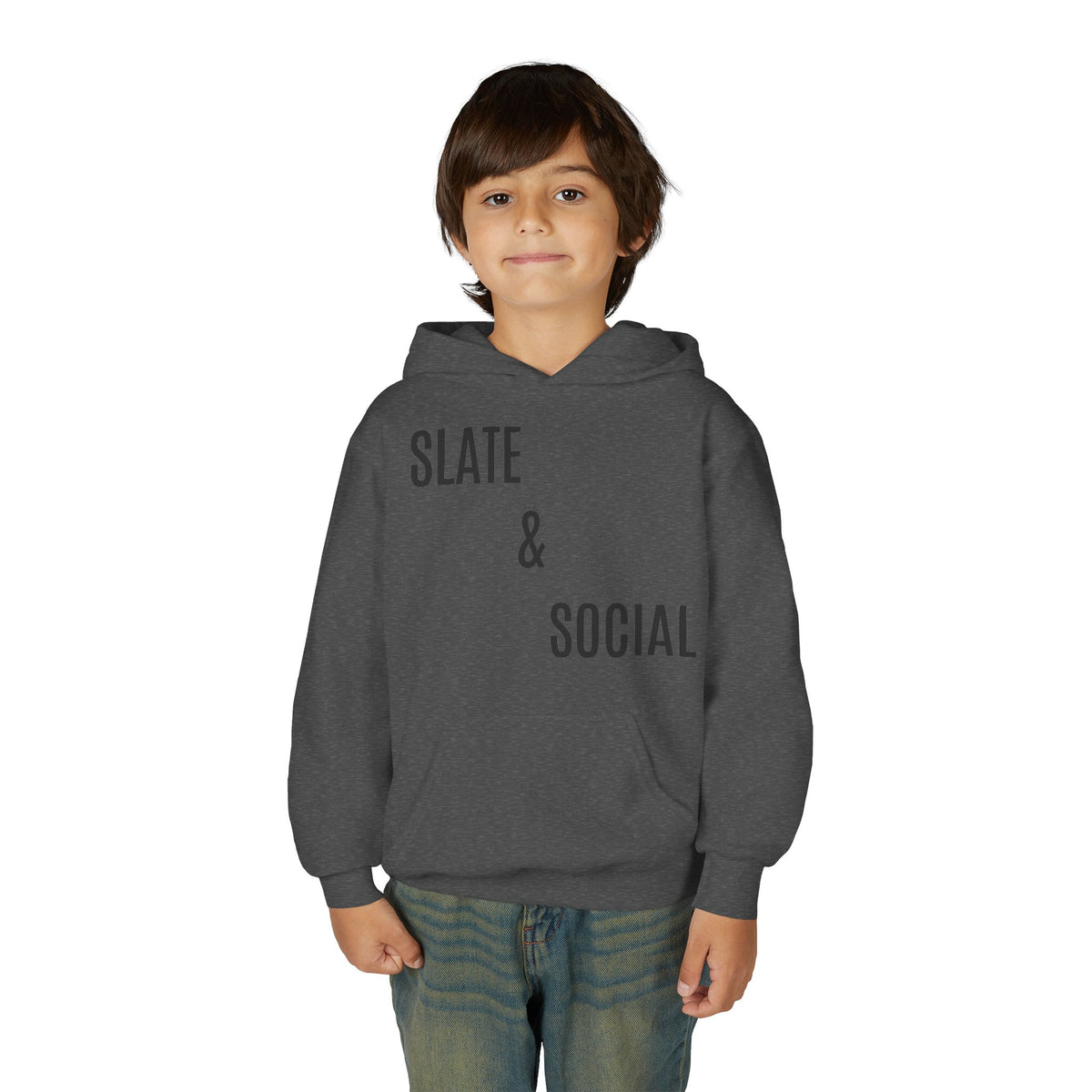 Youth Hoodie - "Slate & Social" Minimalist Text Pullover