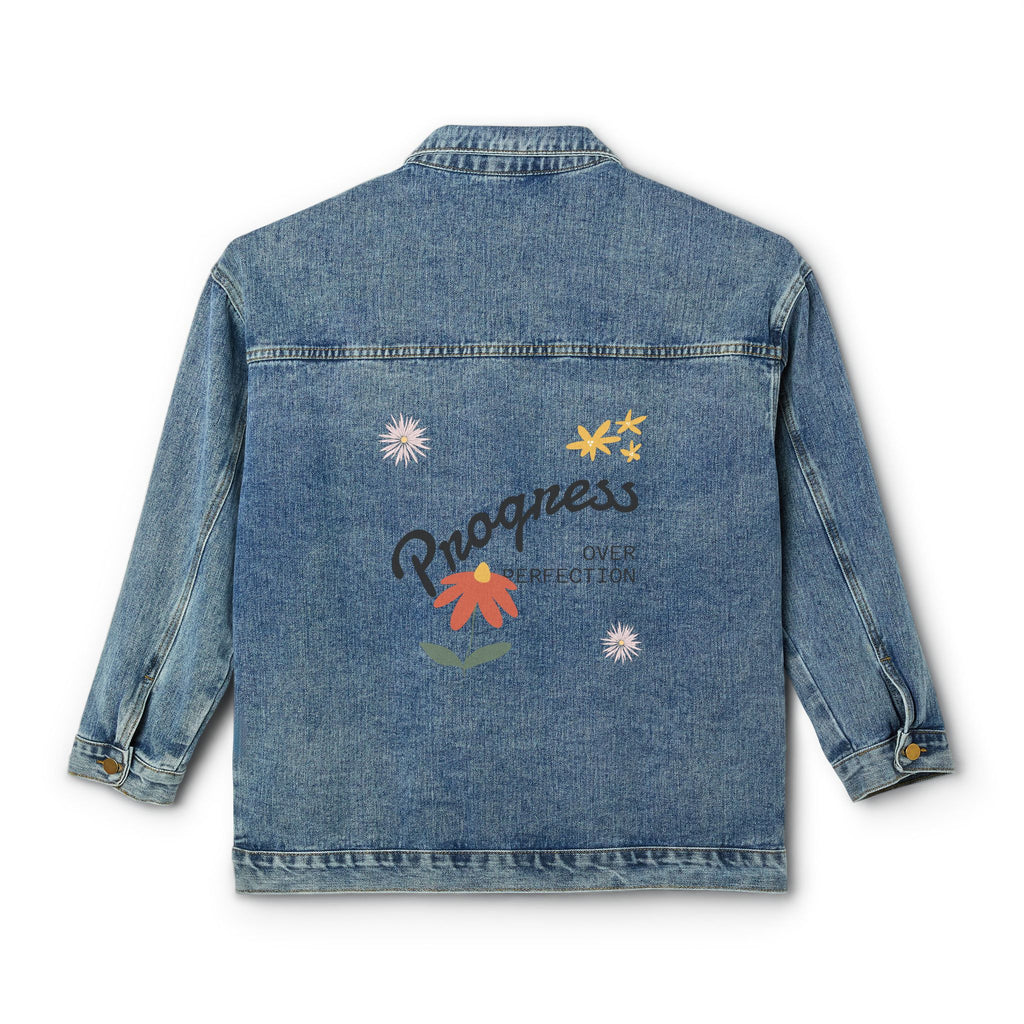 Women's Denim Jacket with Embroidered Progress Floral Design