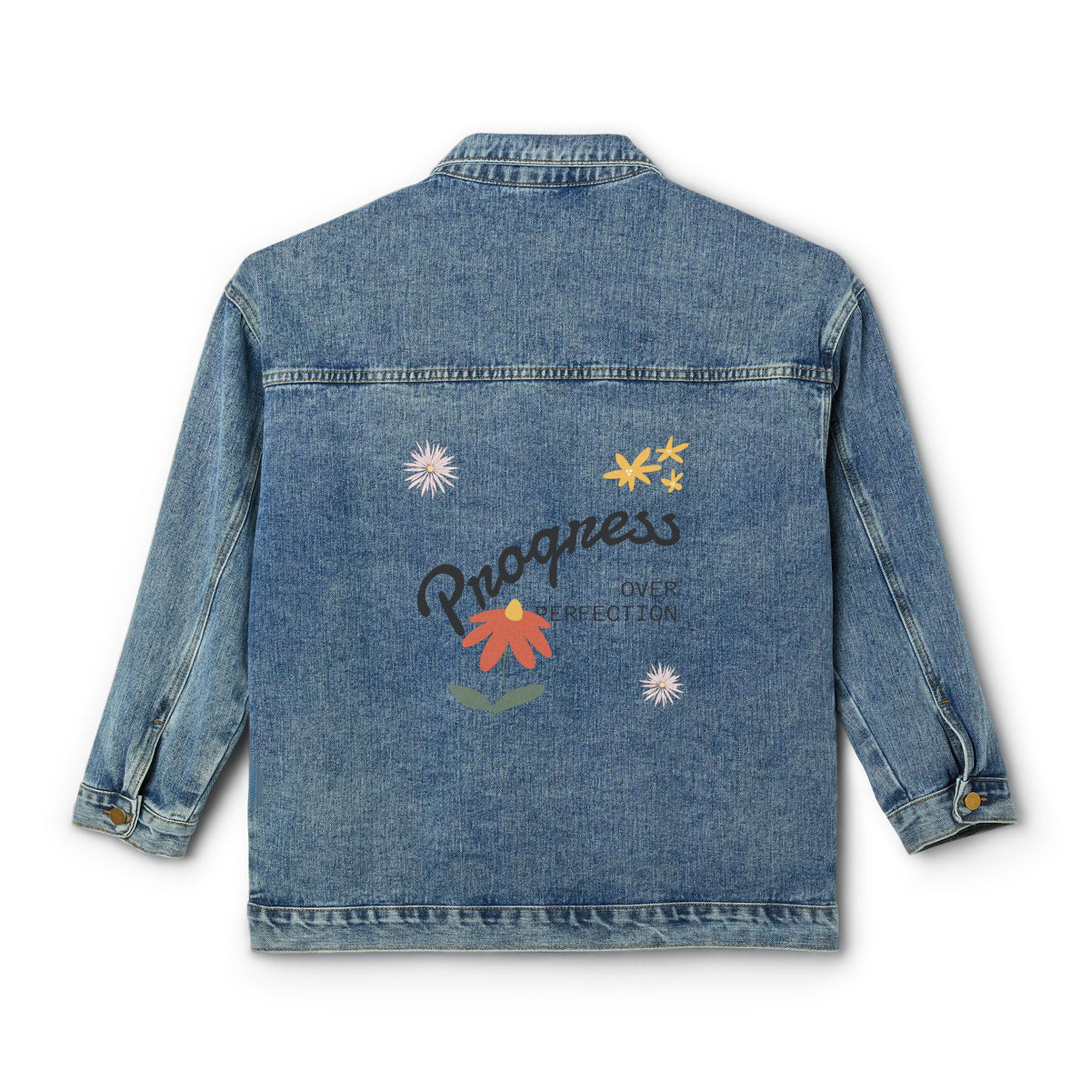 Women's Denim Jacket with Embroidered Progress Floral Design