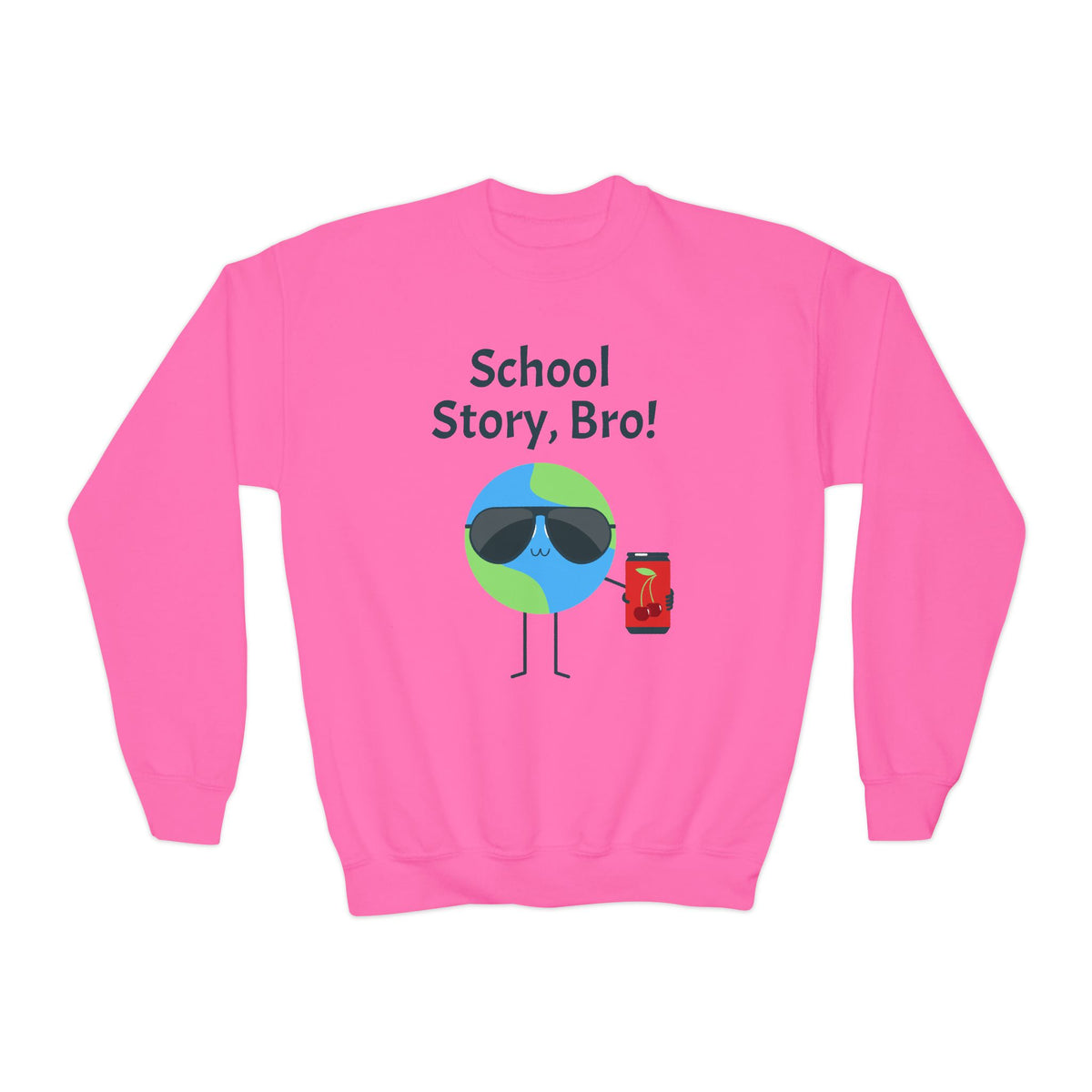 Youth Crewneck Sweatshirt — "School Story, Bro!" Earth Character with Soda | Slate & Social Back