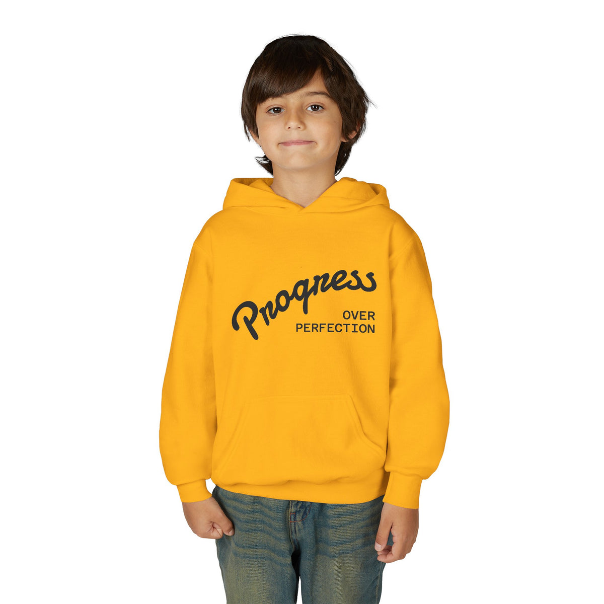 Youth Hoodie — "Progress Over Perfection" Motivational Pullover