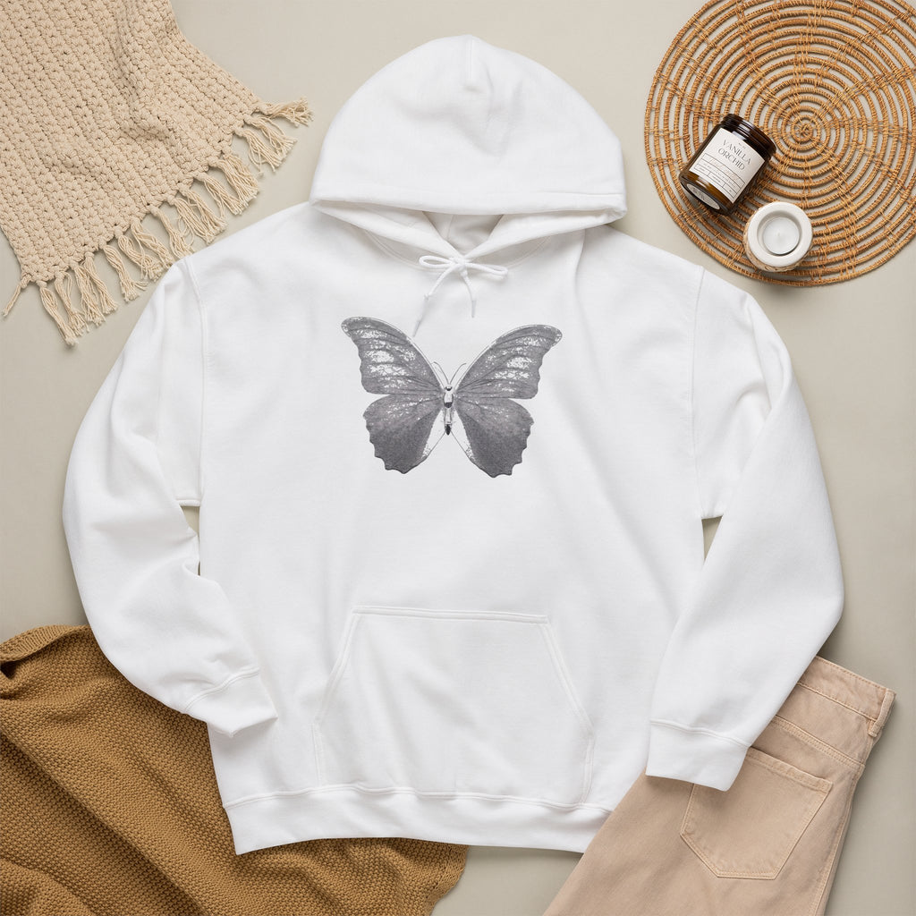 Butterfly Graphic Hoodie — 'Slate & Social' Minimalist White Pullover