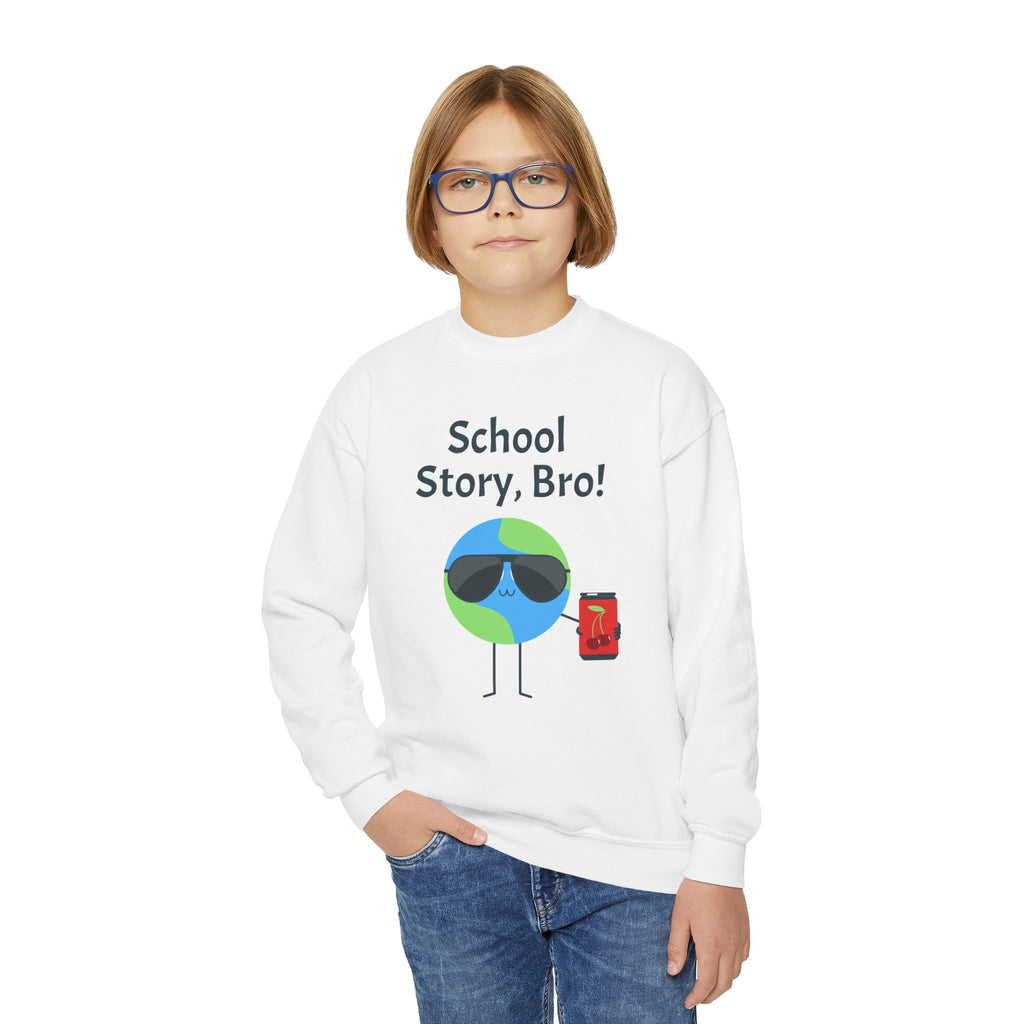Youth Crewneck Sweatshirt — "School Story, Bro!" Earth Character with Soda | Slate & Social Back