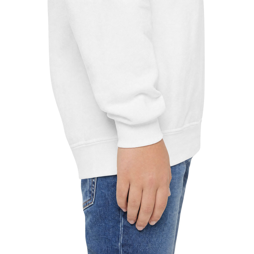 Youth Crewneck Sweatshirt — "School Story, Bro!" Earth Character with Soda | Slate & Social Back