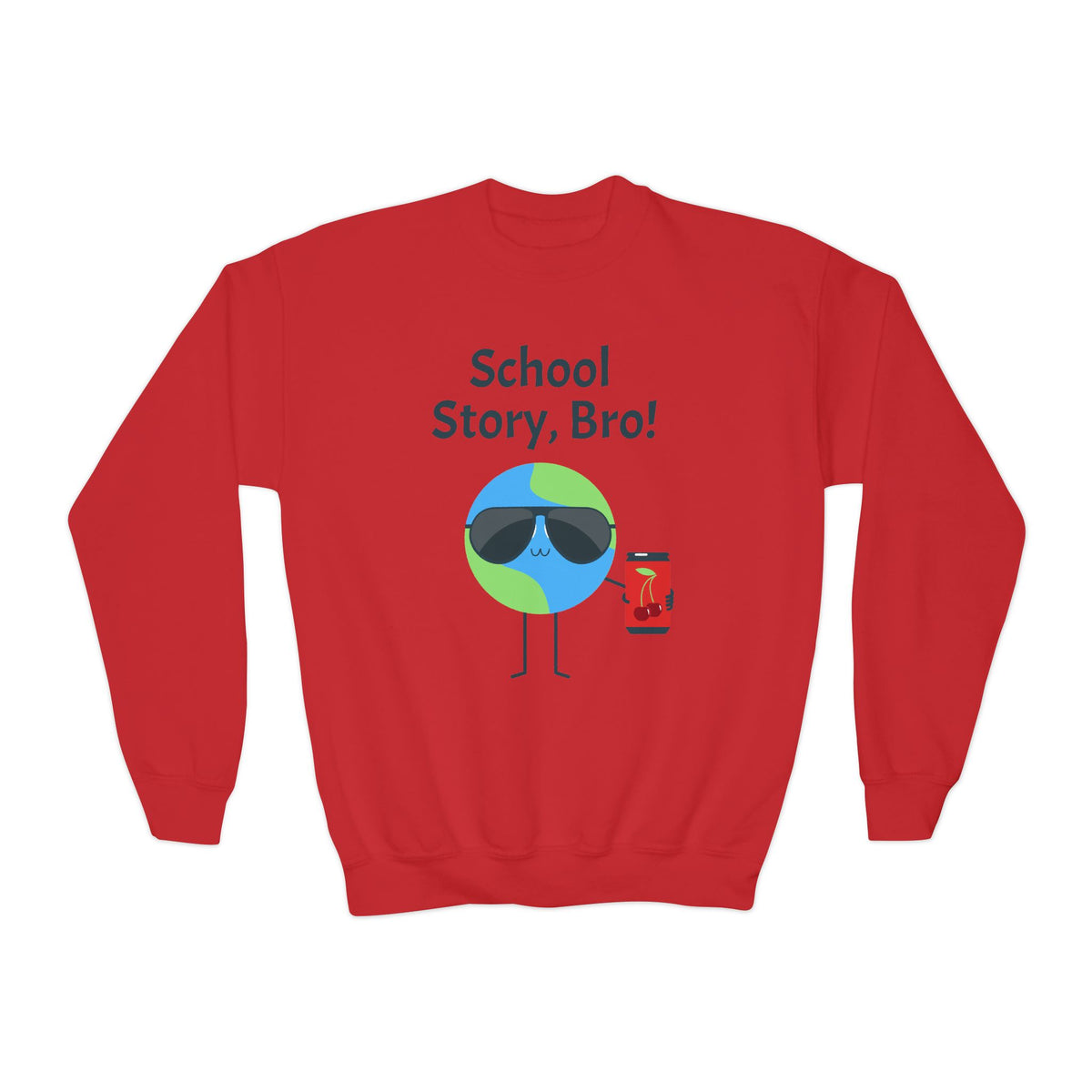 Youth Crewneck Sweatshirt — "School Story, Bro!" Earth Character with Soda | Slate & Social Back