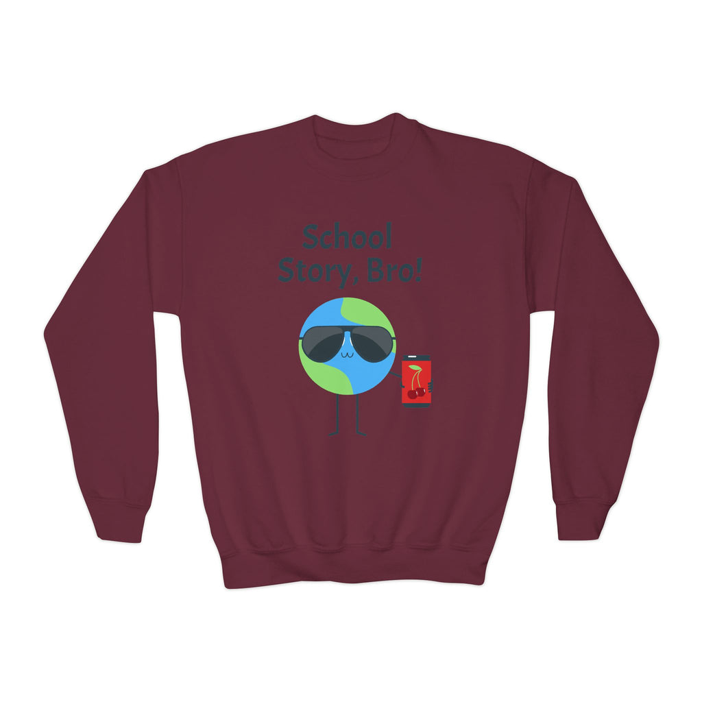 Youth Crewneck Sweatshirt — "School Story, Bro!" Earth Character with Soda | Slate & Social Back