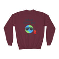 Youth Crewneck Sweatshirt — "School Story, Bro!" Earth Character with Soda | Slate & Social Back