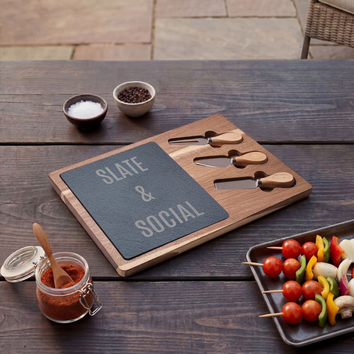 Slate & Social Engraved Charcuterie Board with Cheese Tools