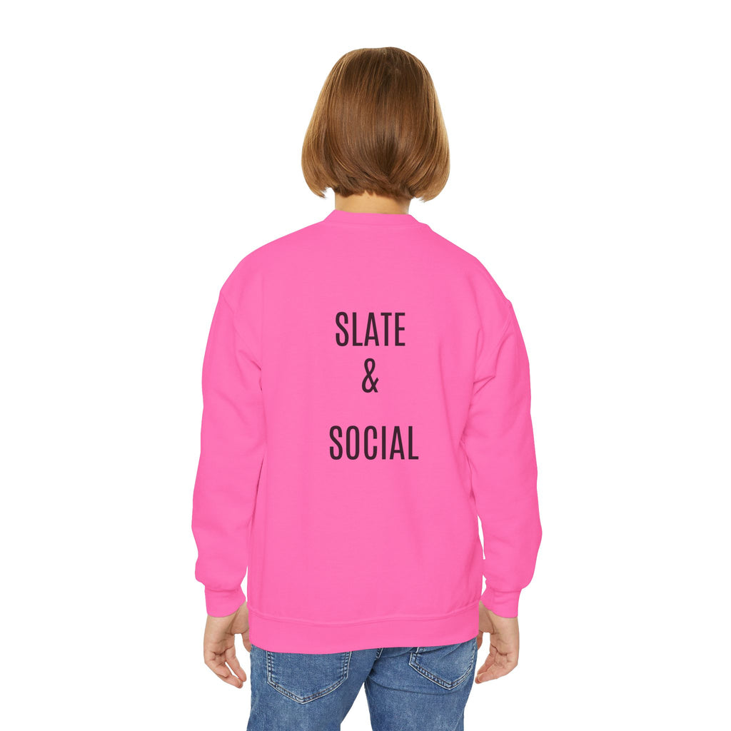 Youth Crewneck Sweatshirt — "School Story, Bro!" Earth Character with Soda | Slate & Social Back