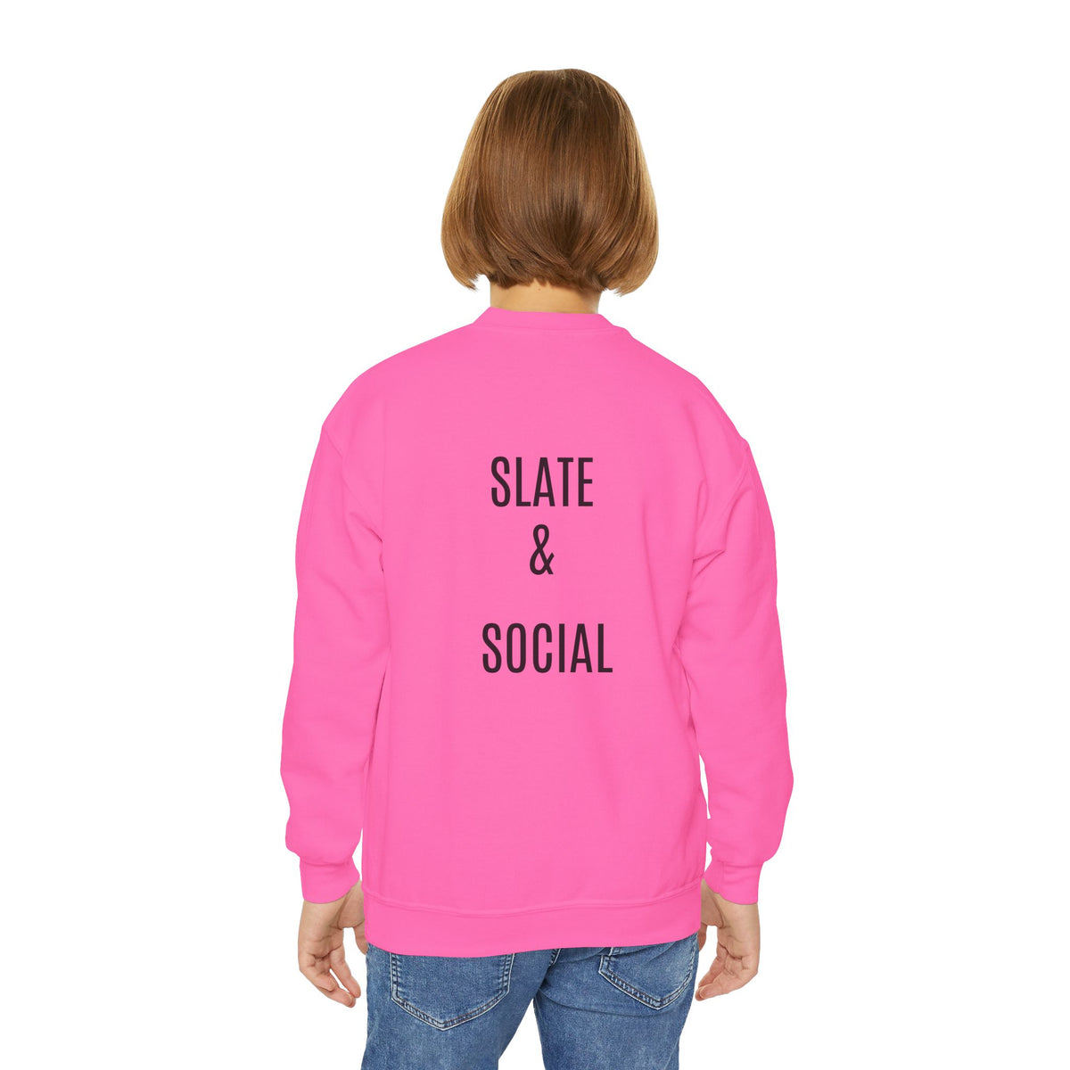 Youth Crewneck Sweatshirt — "School Story, Bro!" Earth Character with Soda | Slate & Social Back