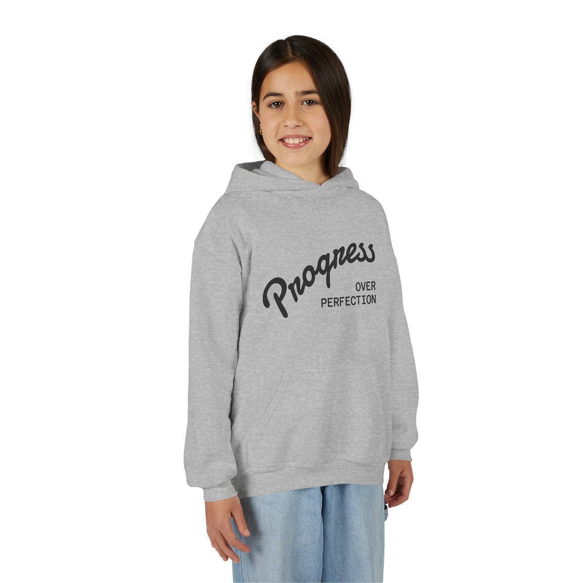 Youth Hoodie — "Progress Over Perfection" Motivational Pullover