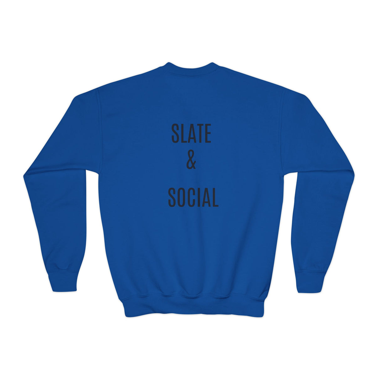 Youth Crewneck Sweatshirt — "School Story, Bro!" Earth Character with Soda | Slate & Social Back