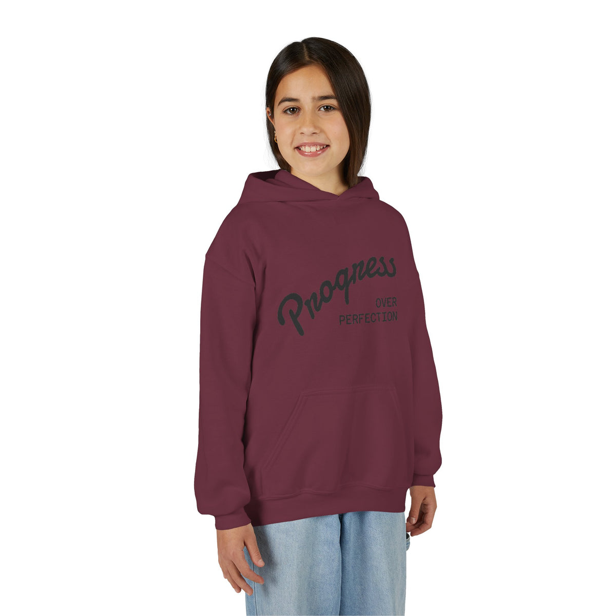 Youth Hoodie — "Progress Over Perfection" Motivational Pullover