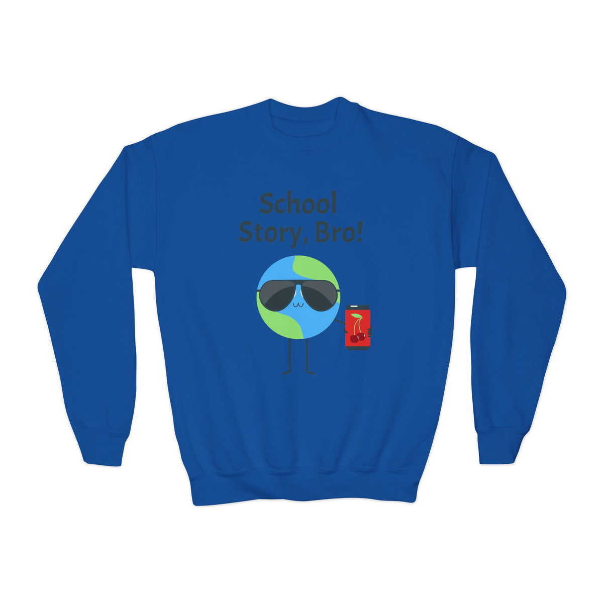 Youth Crewneck Sweatshirt — "School Story, Bro!" Earth Character with Soda | Slate & Social Back